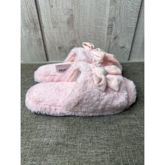 Womens Fuzzy Open Toe Pink Slippers Bow Trim Non-Slip Sole Size S 6-8 Comfy - Picture 2 of 6
